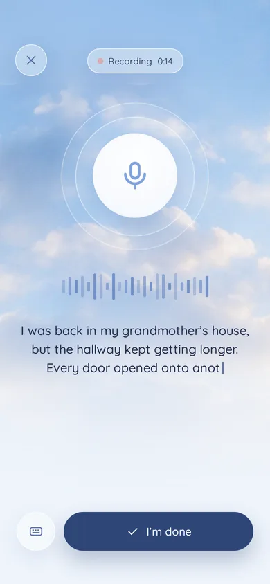 Dreamer recording screen with a live transcript of a dream